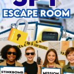 Kids holding escape room spy party signs.