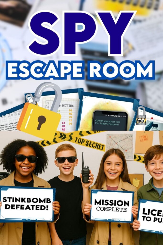 Kids holding escape room spy party signs.
