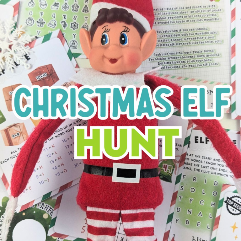 Picture of a toy elf laying on top of Christmas scavenger hunt cards