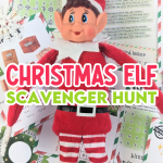 Christmas elf on the shelf laying on scavenger hunt clue