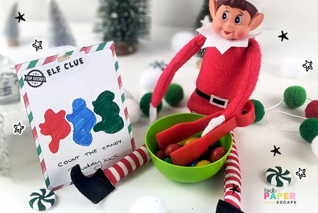 Elf on the shelf with a treasure hunt clue, sorting candy in a bowl.