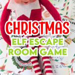 Christmas elf sat on a pile of treasure hunt clues