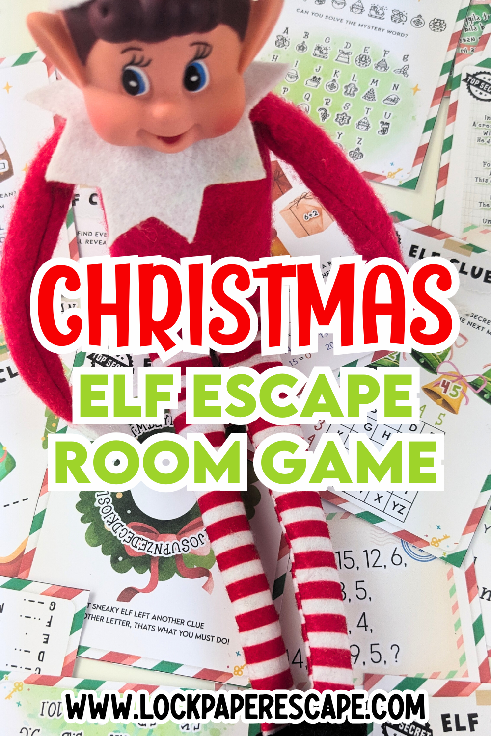 Christmas elf sat on a pile of treasure hunt clues