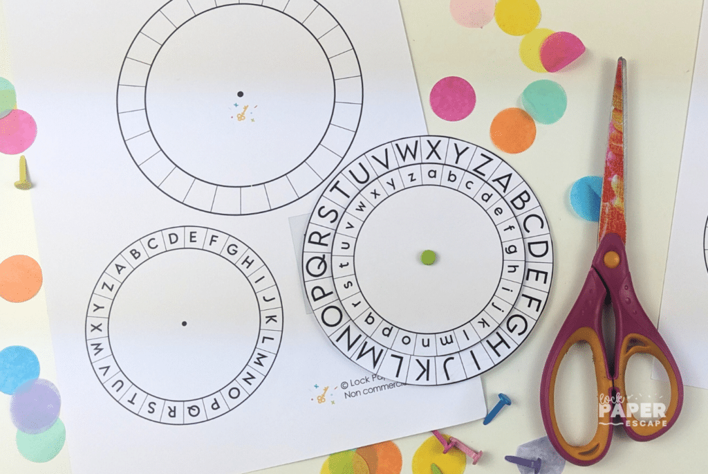 Free printable cipher wheels for escape rooms, showing alphabet and number decoder wheels ready to assemble.