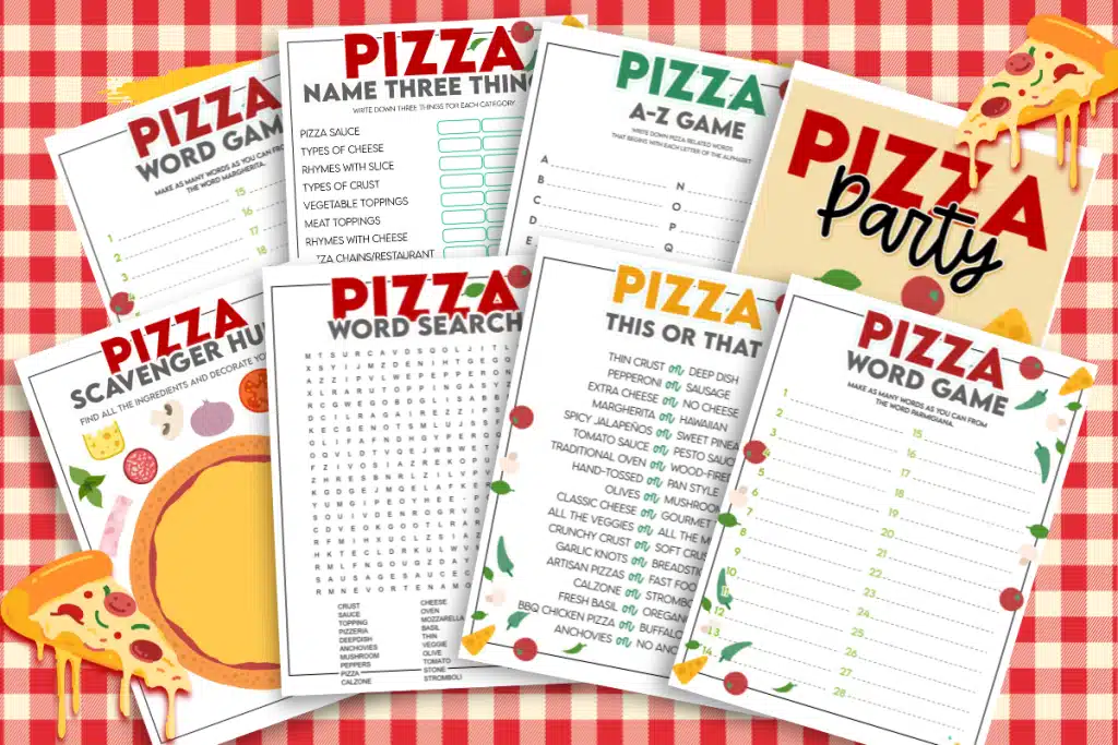 Pizza-themed activity pages laid out on a red checked background.