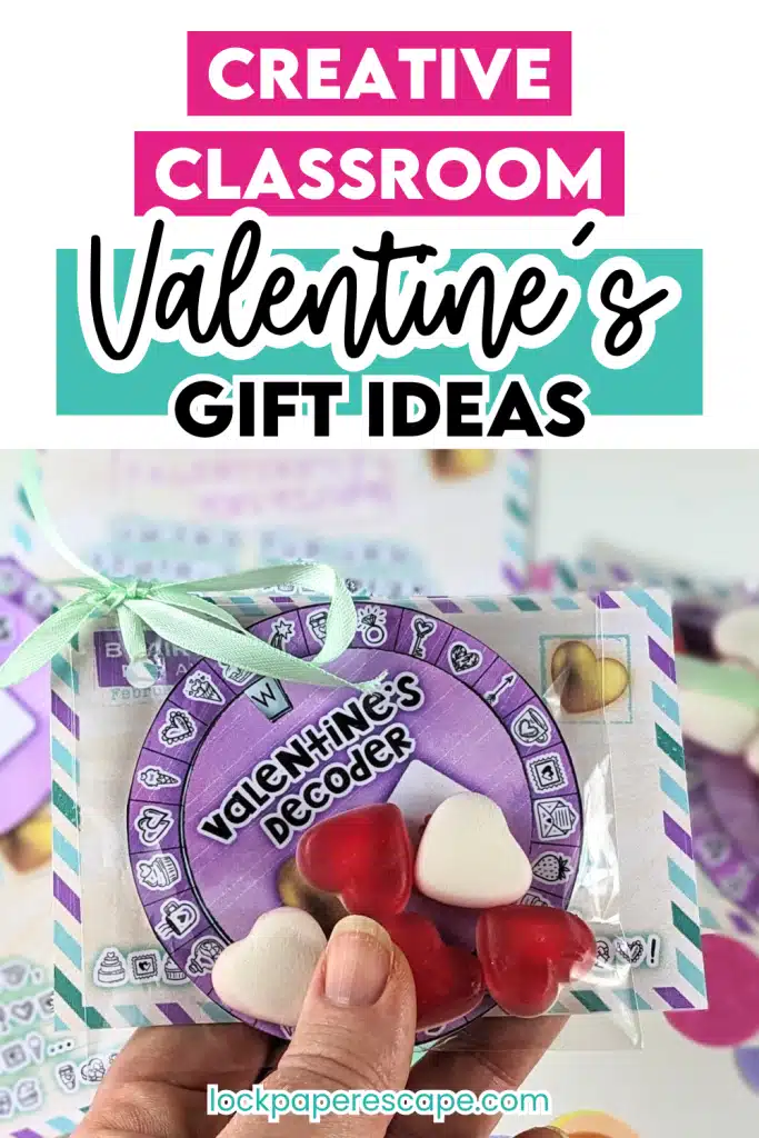Valentine's Day classroom gift decoder wheel with candy jelly hearts.