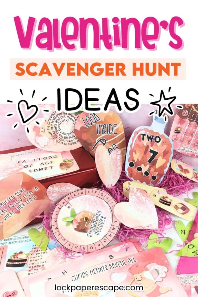 Puzzles laid out for a printable Valentines day scavenger Hunt.