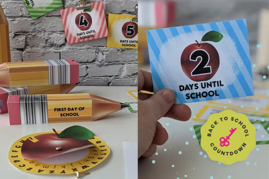 Printable pencil gift box with "first day of school" printed on it and an envelope with 2 days until school written on it.