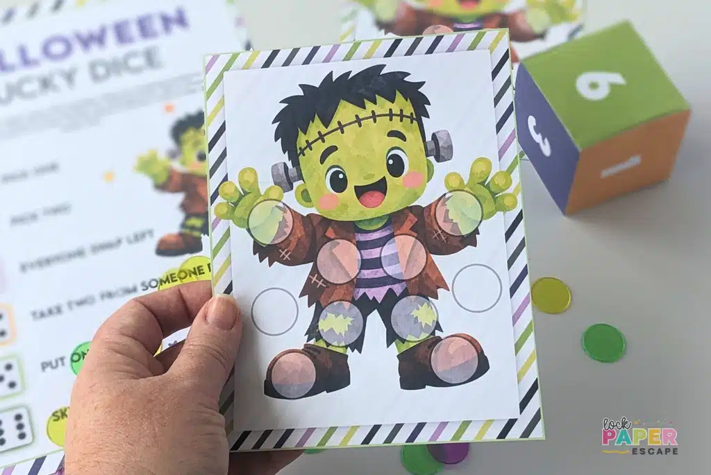 Halloween family dice game, Frankenstein game board.