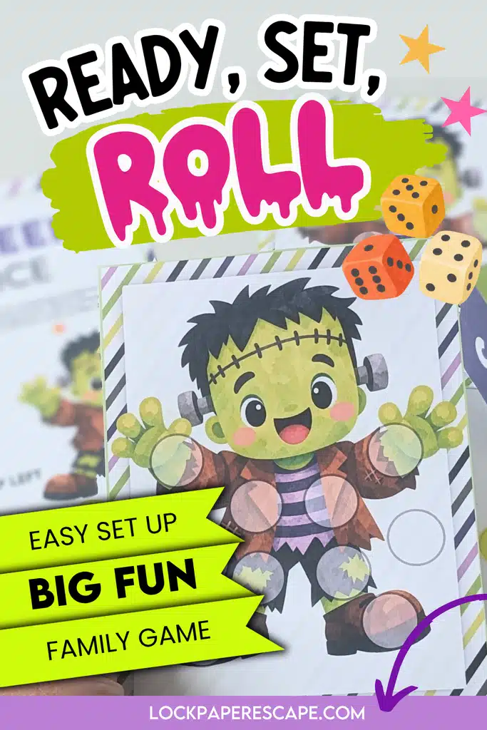 Halloween Lucky Dice printable family game featuring a Frankenstein game board, colorful dice, and Ready, Set, Roll! text highlighting easy setup and family fun.